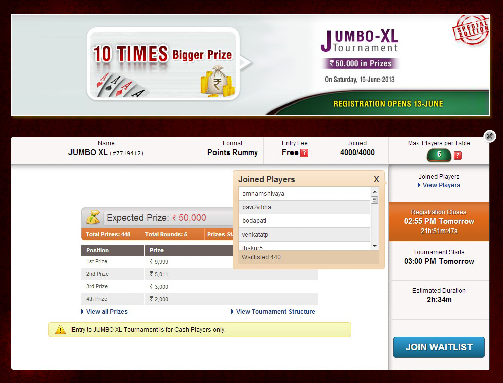 JumboXL Rummy Tournament on RummyCircle OverSubscribed